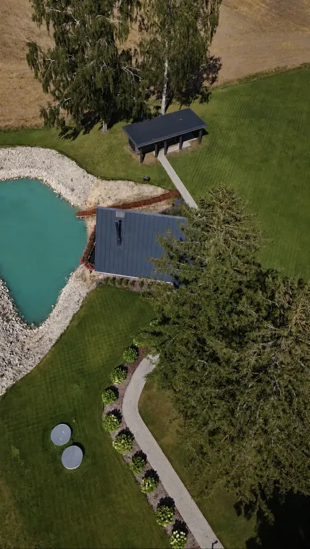 The cabin, pond and gazebo from above